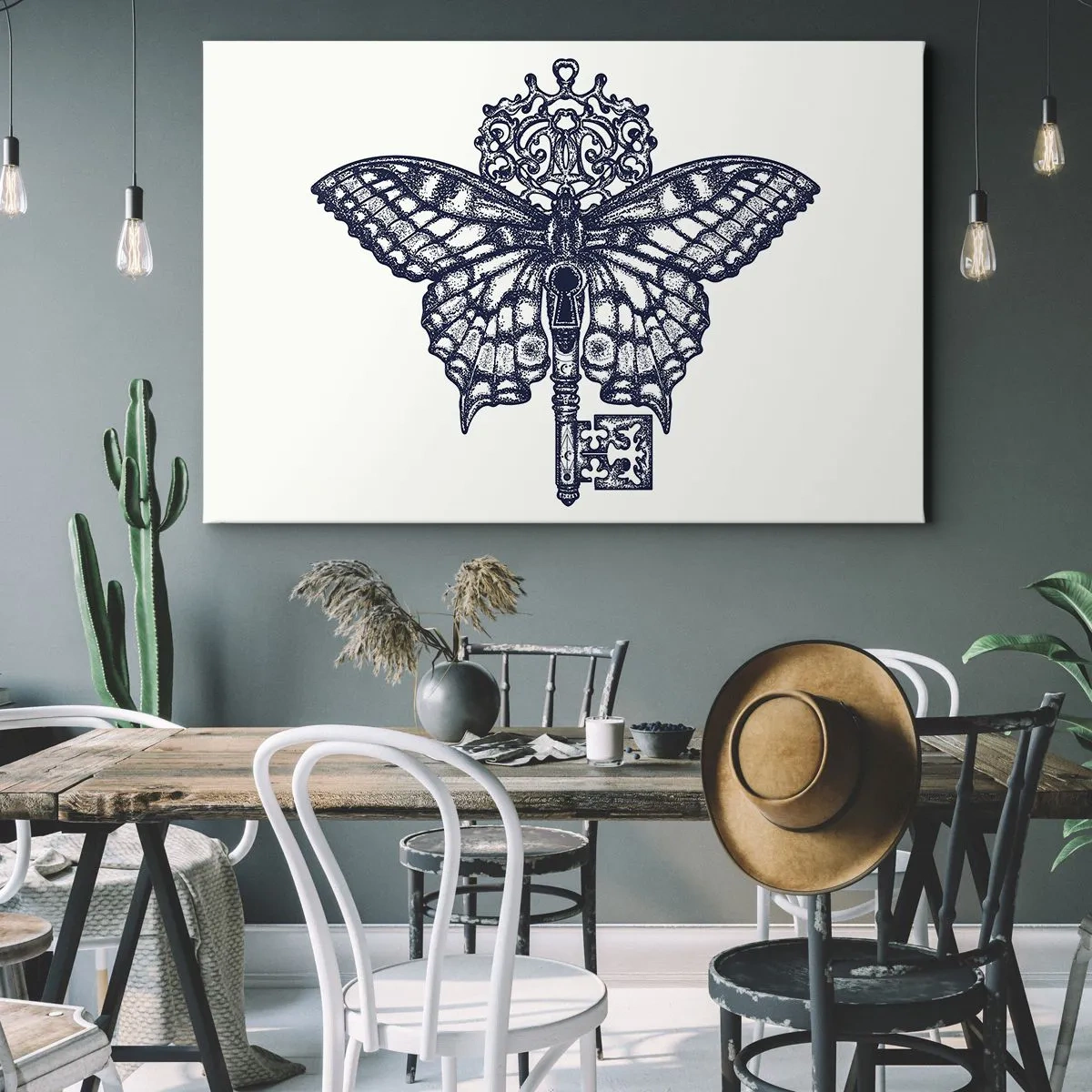 Bild auf Leinwand - Leinwandbild - Stilvolle Schmetterlings- und Schlüsselgrafik im minimalistischen Stil - 70x50cm - Alle Geheimnisse des Herzens - Moderne Wanddekoration für Wohnzimmer und Schlafzimmer ARTTOR
