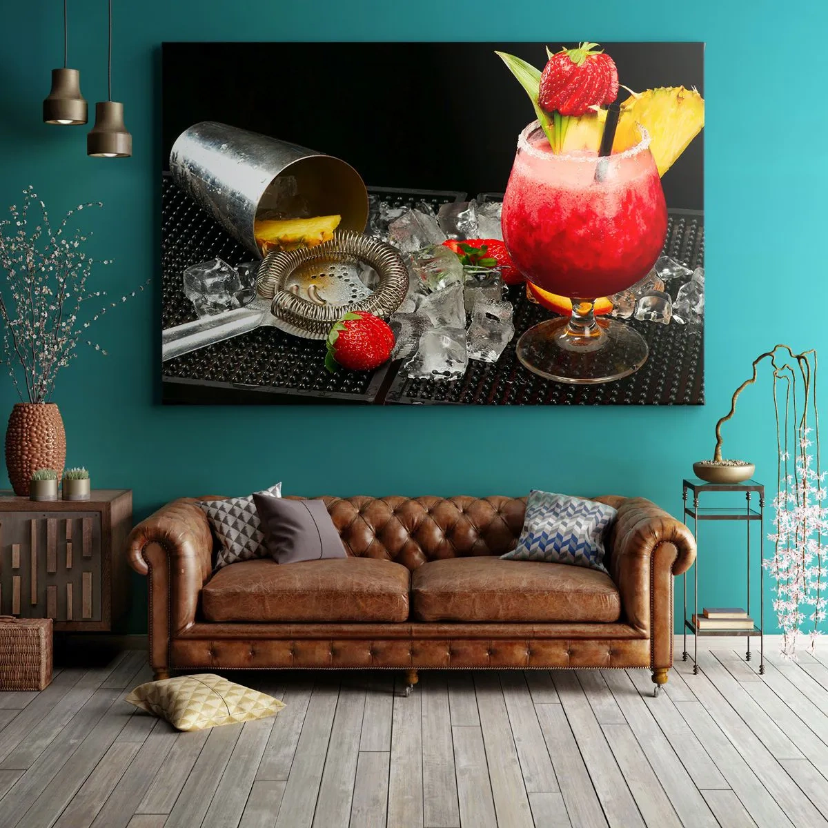 Bild auf Leinwand - Leinwandbild - Ein bunter Cocktail mit Erdbeeren, Eis und Ananas - 70x50cm - Zaubern Sie einen Geschmack - Moderne Wanddekoration für Wohnzimmer und Schlafzimmer ARTTOR