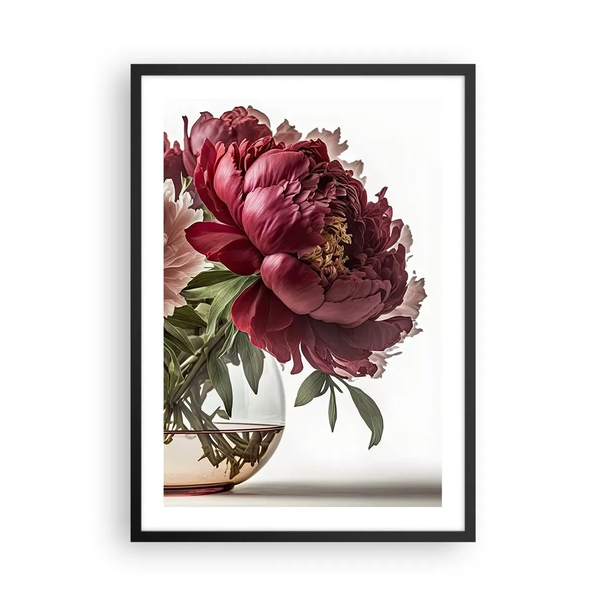 Poster in einem schwarzem Rahmen - Rote Pfingstrosen in einer Glasvase auf weißem Hintergrund - 50x70cm - In voller Schönheit - Moderne Wanddekoration für Wohnzimmer und Schlafzimmer ARTTOR