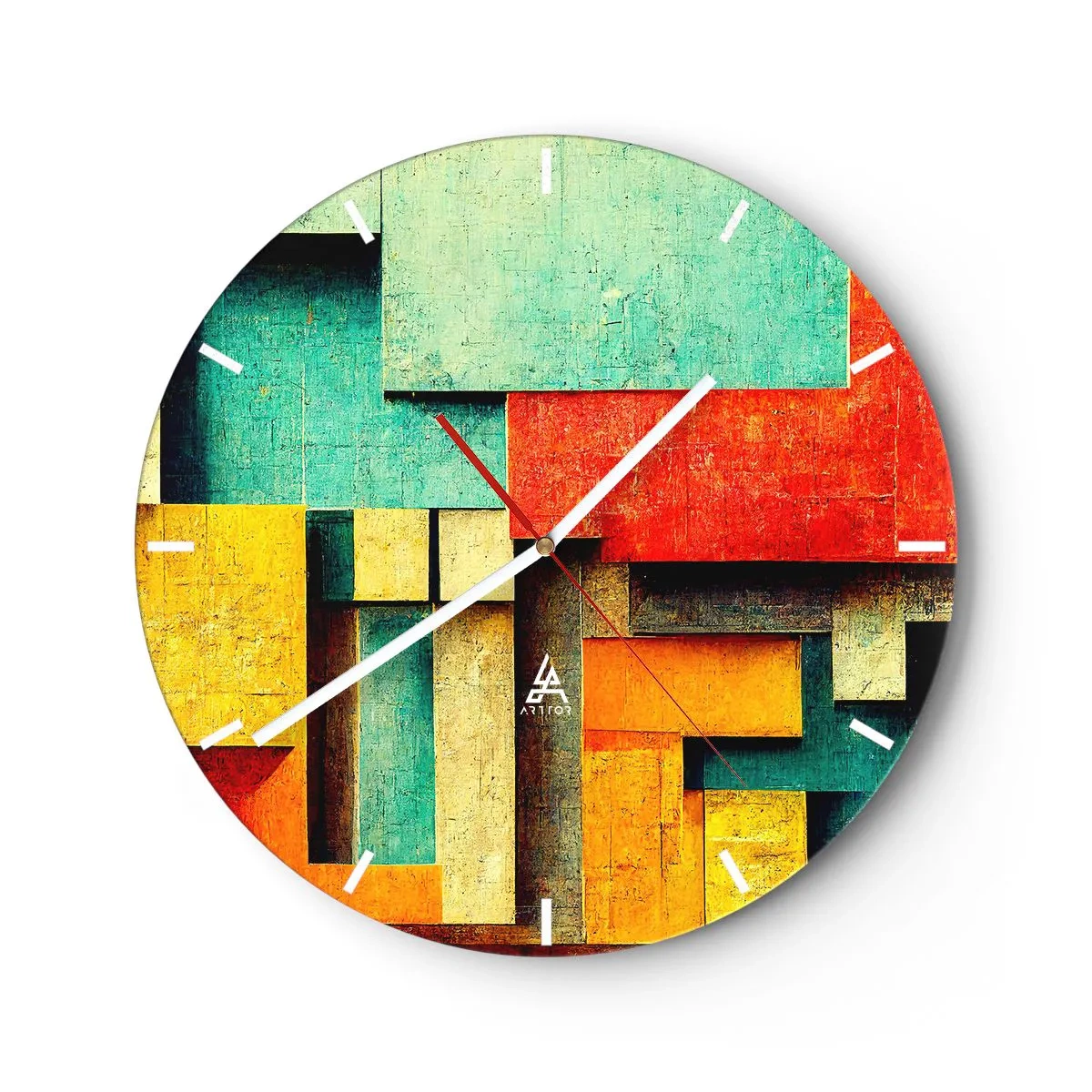Wanduhr - Glasuhr - Bunte geometrische Blöcke im abstrakten Stil - 30x30cm - Festival der rechten Winkel - Moderne Wanddekoration für Wohnzimmer, Küche und Schlafzimmer ARTTOR