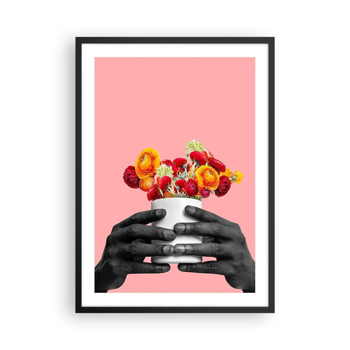 Poster in einem schwarzem Rahmen - Schwarze Hände halten einen Blumenstrauß auf rosa Hintergrund - 50x70cm - Die Apotheose des Lebens - Moderne Wanddekoration für Wohnzimmer und Schlafzimmer ARTTOR