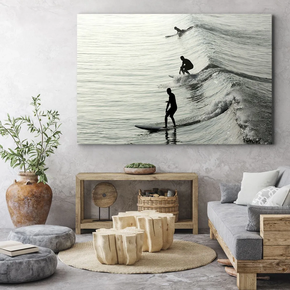Bild auf Leinwand - Leinwandbild - Surfer auf den Wellen in einer monochromen Aufnahme - 70x50cm - Gegen die Welle - Moderne Wanddekoration für Wohnzimmer und Schlafzimmer ARTTOR