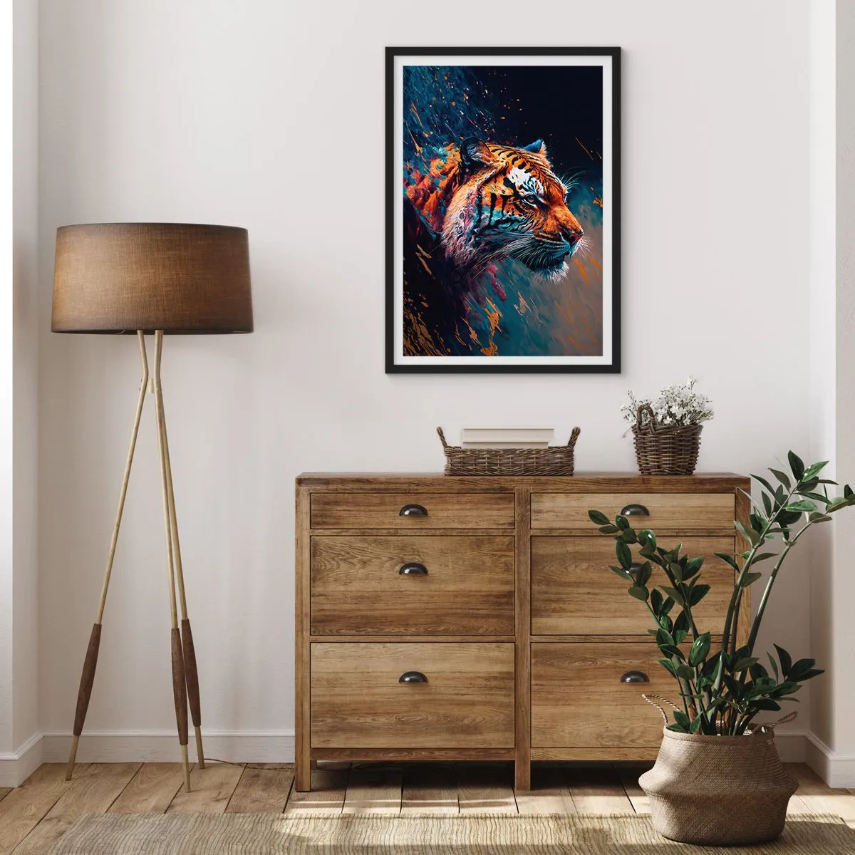 Poster in einem schwarzem Rahmen - Ein dynamisches Porträt eines Tigers im künstlerischen Stil - 50x70cm - Wilde Schönheit - Moderne Wanddekoration für Wohnzimmer und Schlafzimmer ARTTOR