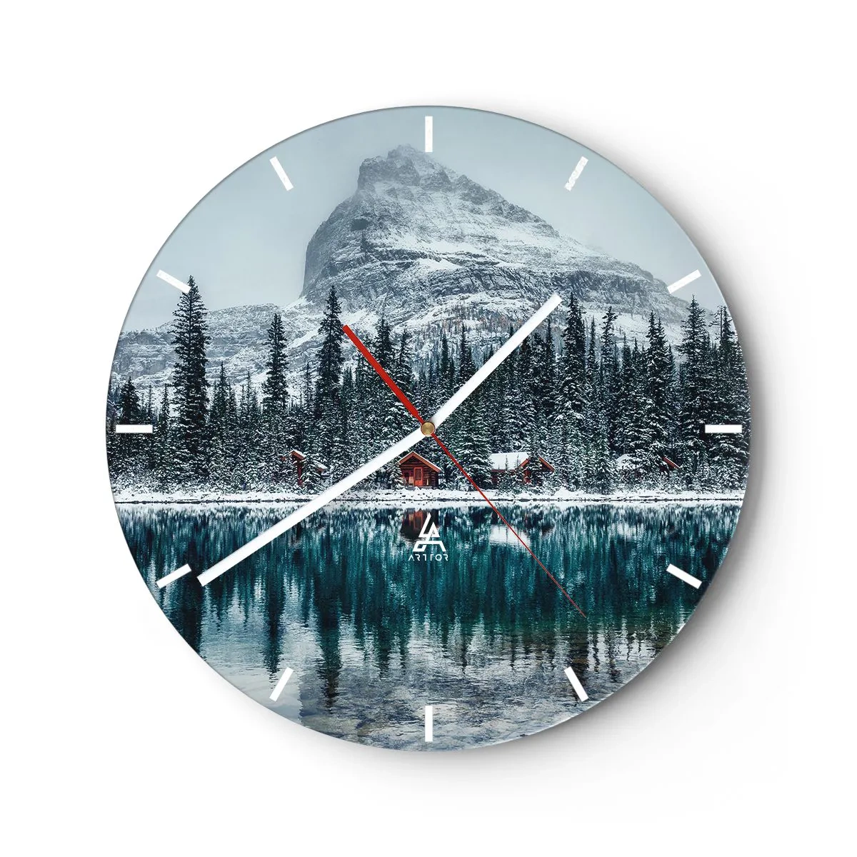 Wanduhr - Glasuhr - Winterlandschaft mit See, Wald und Berg im Hintergrund - 30x30cm - Kanadischer Rückzug - Moderne Wanddekoration für Wohnzimmer, Küche und Schlafzimmer ARTTOR