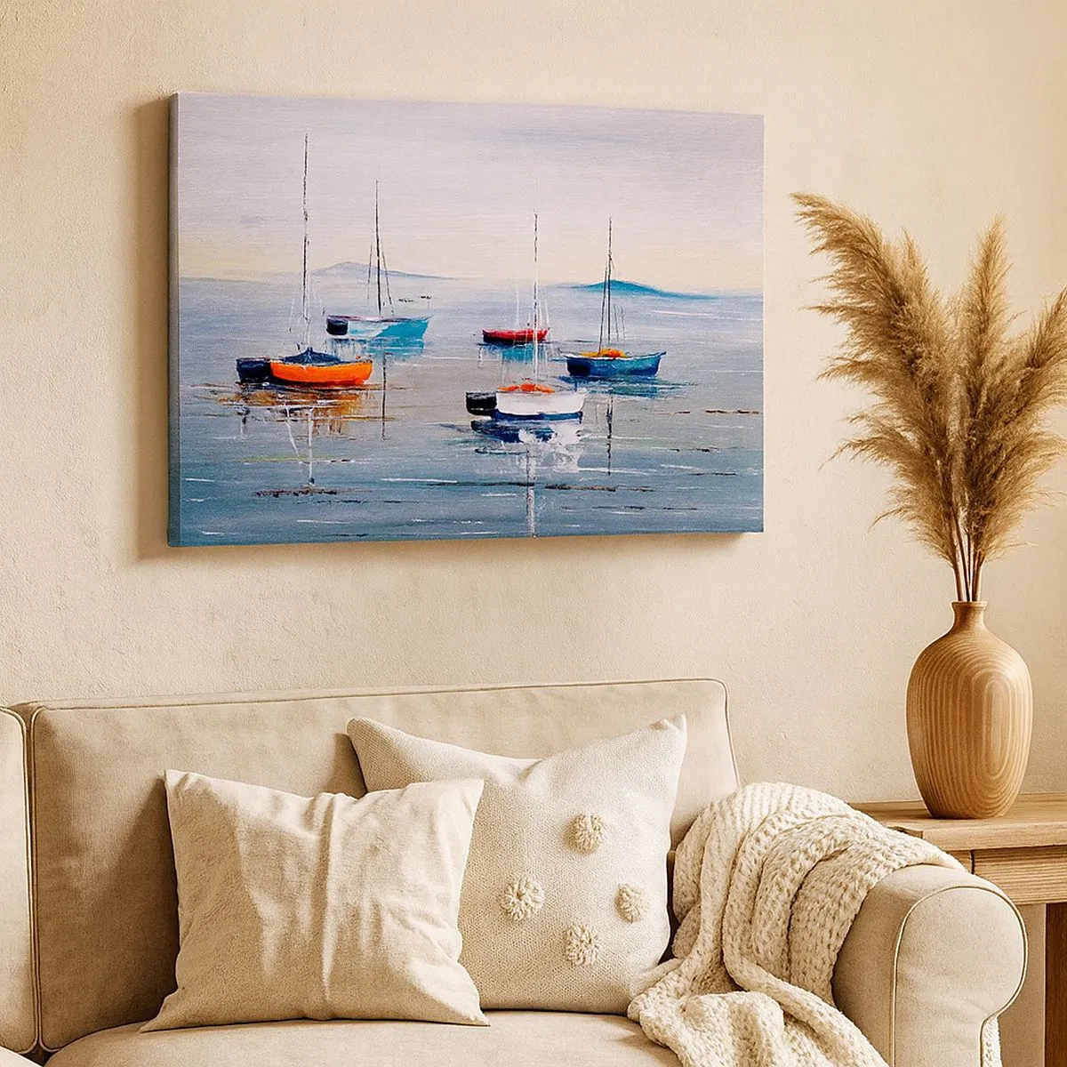 Bild auf Leinwand - Leinwandbild - Bunte Boote auf ruhigem Wasser - 70x50cm - Wohlverdiente Ruhe - Moderne Wanddekoration für Wohnzimmer und Schlafzimmer ARTTOR