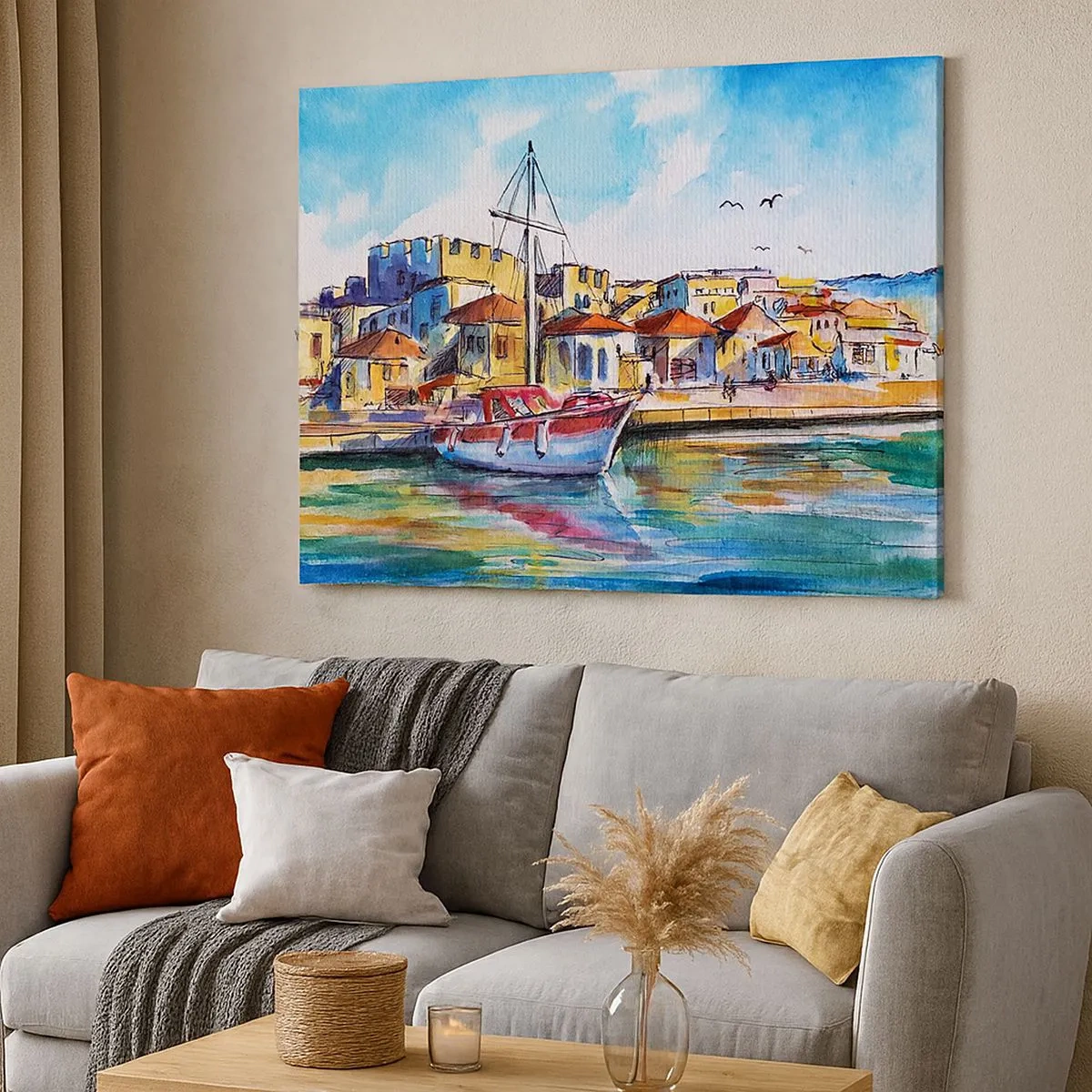 Bild auf Leinwand - Leinwandbild - Ein malerischer Hafen mit einem Boot und farbenfrohen Gebäuden - 70x50cm - Regenbogennachmittag - Moderne Wanddekoration für Wohnzimmer und Schlafzimmer ARTTOR