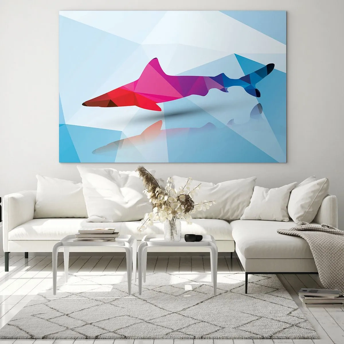 Glasbild - Bild auf glas - Geometrischer Hai in Rot- und Blautönen - 70x50cm - Ein Hai in einem Kristallraum - Moderne Wanddekoration für Wohnzimmer und Schlafzimmer ARTTOR