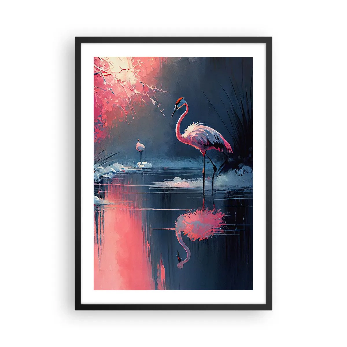 Poster in einem schwarzem Rahmen - Flamingos auf einem ruhigen See - 50x70cm - Rückzugsort für Vögel - Moderne Wanddekoration für Wohnzimmer und Schlafzimmer ARTTOR
