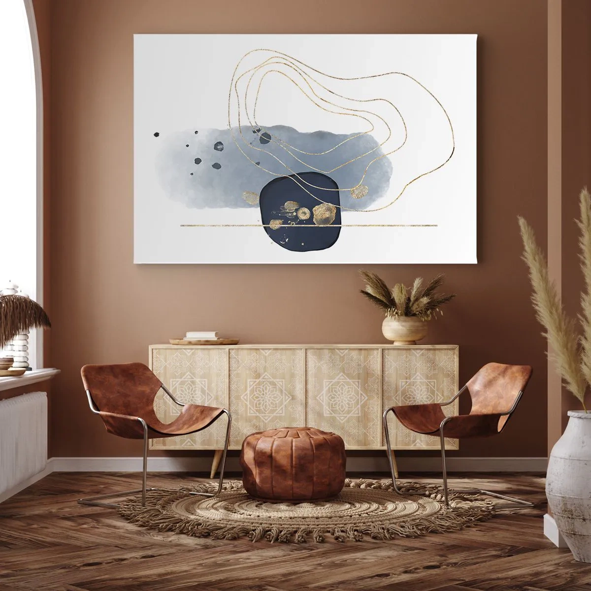 Bild auf Leinwand - Leinwandbild - Abstraktion in Blau- und Goldtönen - 70x50cm - Blau-goldene Fantasie - Moderne Wanddekoration für Wohnzimmer und Schlafzimmer ARTTOR