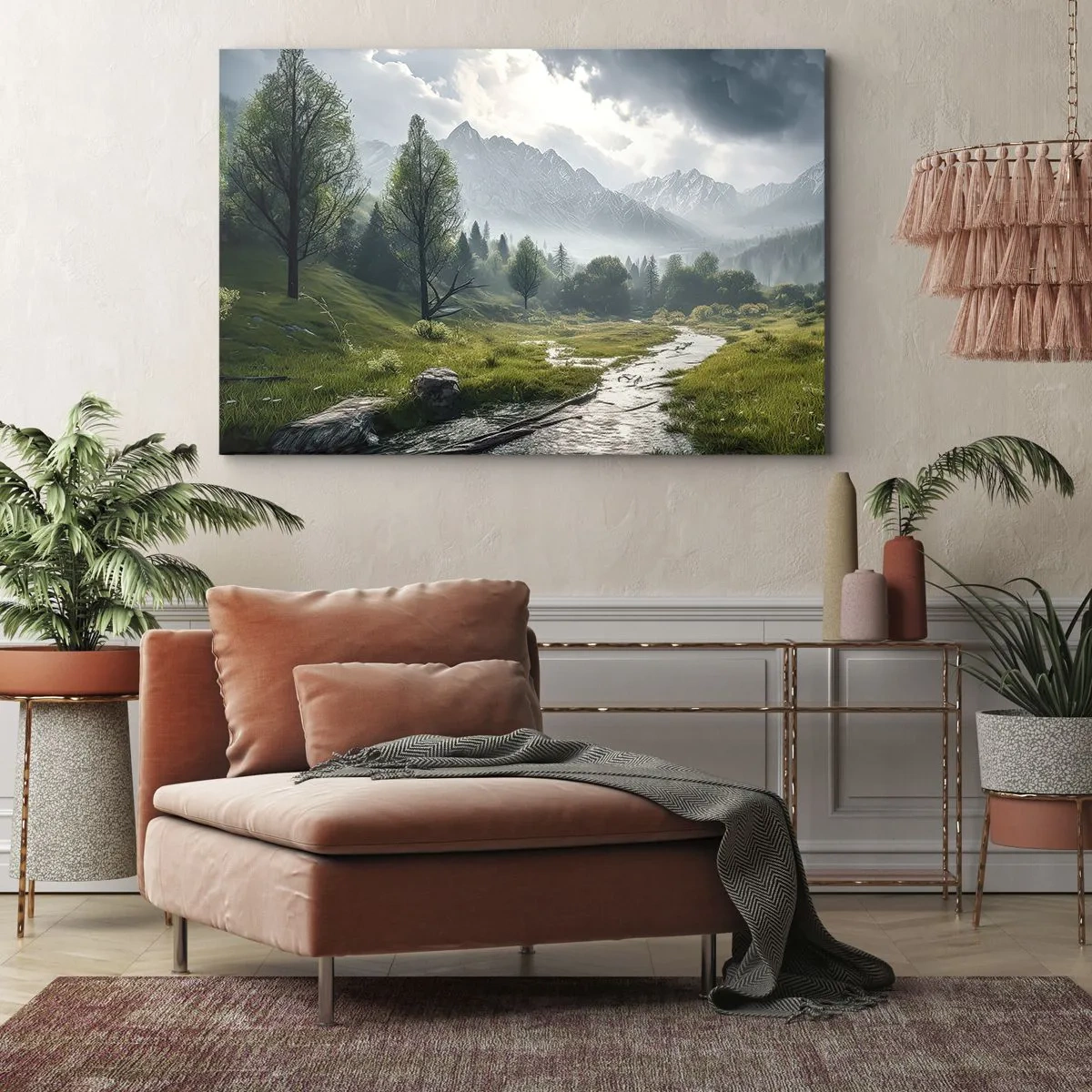 Bild auf Leinwand - Leinwandbild - Eine Berglandschaft mit einem Fluss und Bäumen, umgeben von nebligen Bergen - 70x50cm - Hin und zurück - Moderne Wanddekoration für Wohnzimmer und Schlafzimmer ARTTOR