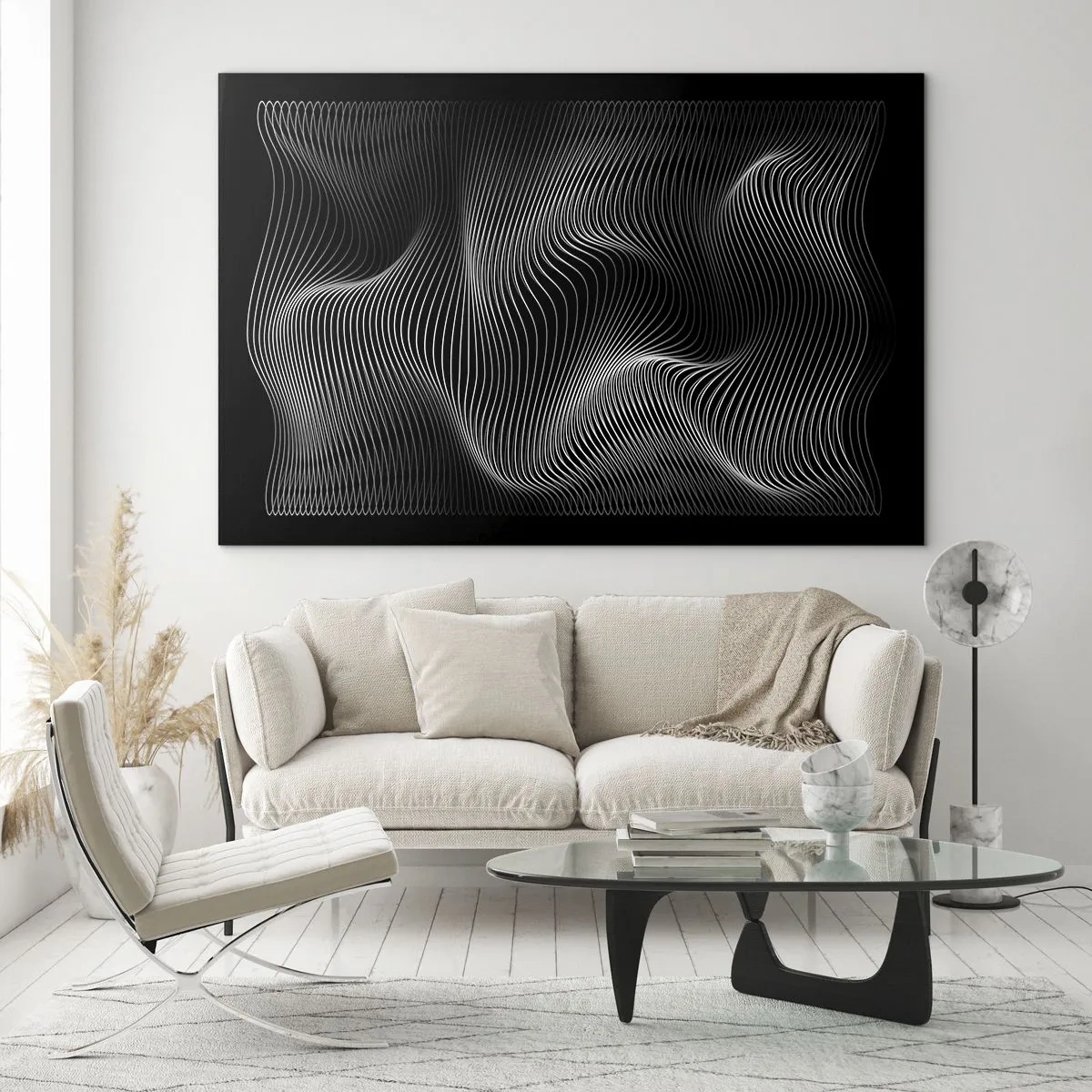 Glasbild - Bild auf glas - Hypnotisierende weiße Linien, die sich vor einem schwarzen Hintergrund kräuseln - 70x50cm - Lichttanz im Raum - Moderne Wanddekoration für Wohnzimmer und Schlafzimmer ARTTOR