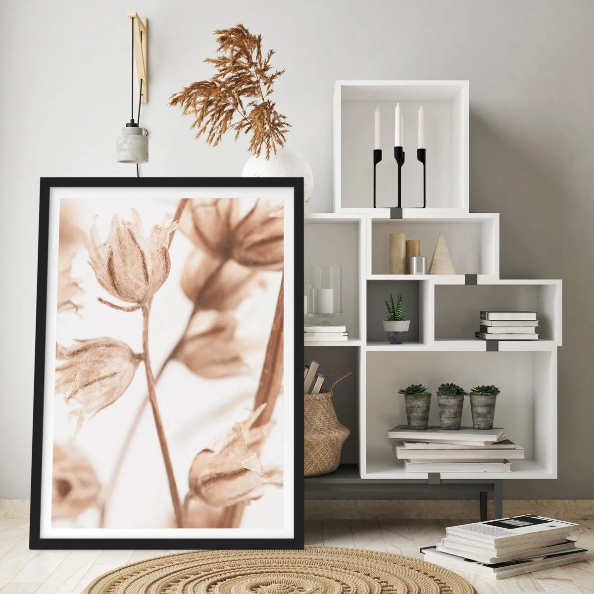 Poster in einem schwarzem Rahmen - Getrocknete Pflanzen in Sepia auf hellem Hintergrund - 50x70cm - Sie rufen am Ende des Sommers an - Moderne Wanddekoration für Wohnzimmer und Schlafzimmer ARTTOR