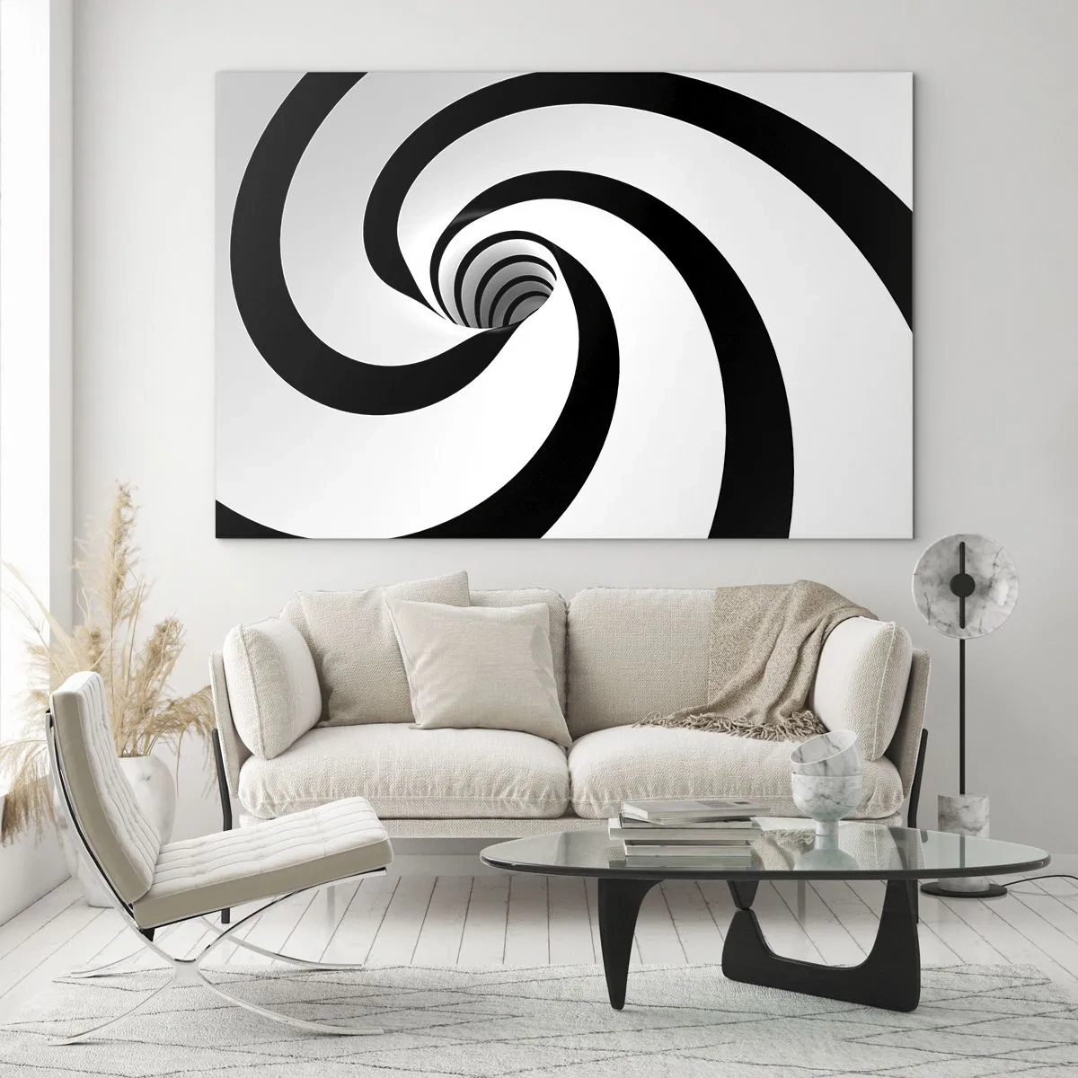 Glasbild - Bild auf glas - Hypnotisches Spiralmuster in Schwarz und Weiß - 70x50cm - Dem Wirbel nachgeben? - Moderne Wanddekoration für Wohnzimmer und Schlafzimmer ARTTOR