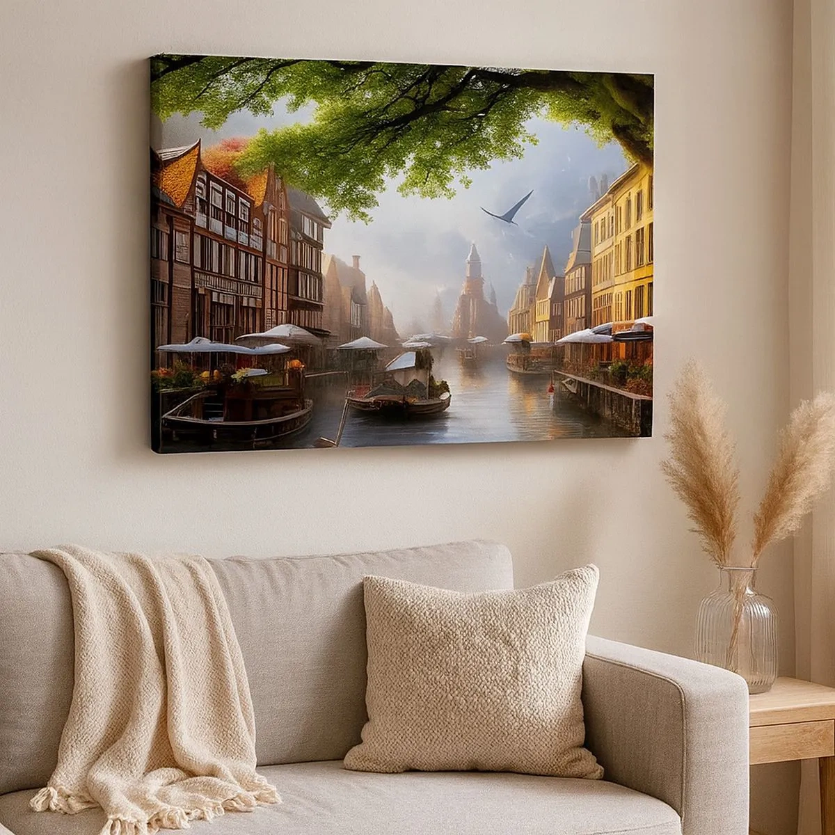 Bild auf Leinwand - Leinwandbild - Eine malerische holländische Landschaft mit einem Kanal und Mietshäusern - 70x50cm - Niederländisches Stadtbild - Moderne Wanddekoration für Wohnzimmer und Schlafzimmer ARTTOR