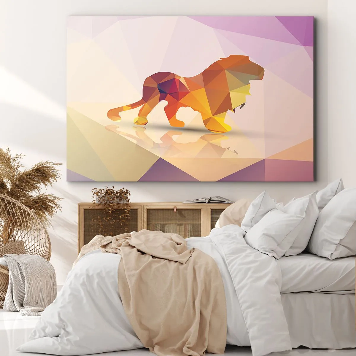 Bild auf Leinwand - Leinwandbild - Geometrische Silhouette eines Löwen in Gelb- und Orangetönen - 70x50cm - Der Diamantenkönig - Moderne Wanddekoration für Wohnzimmer und Schlafzimmer ARTTOR