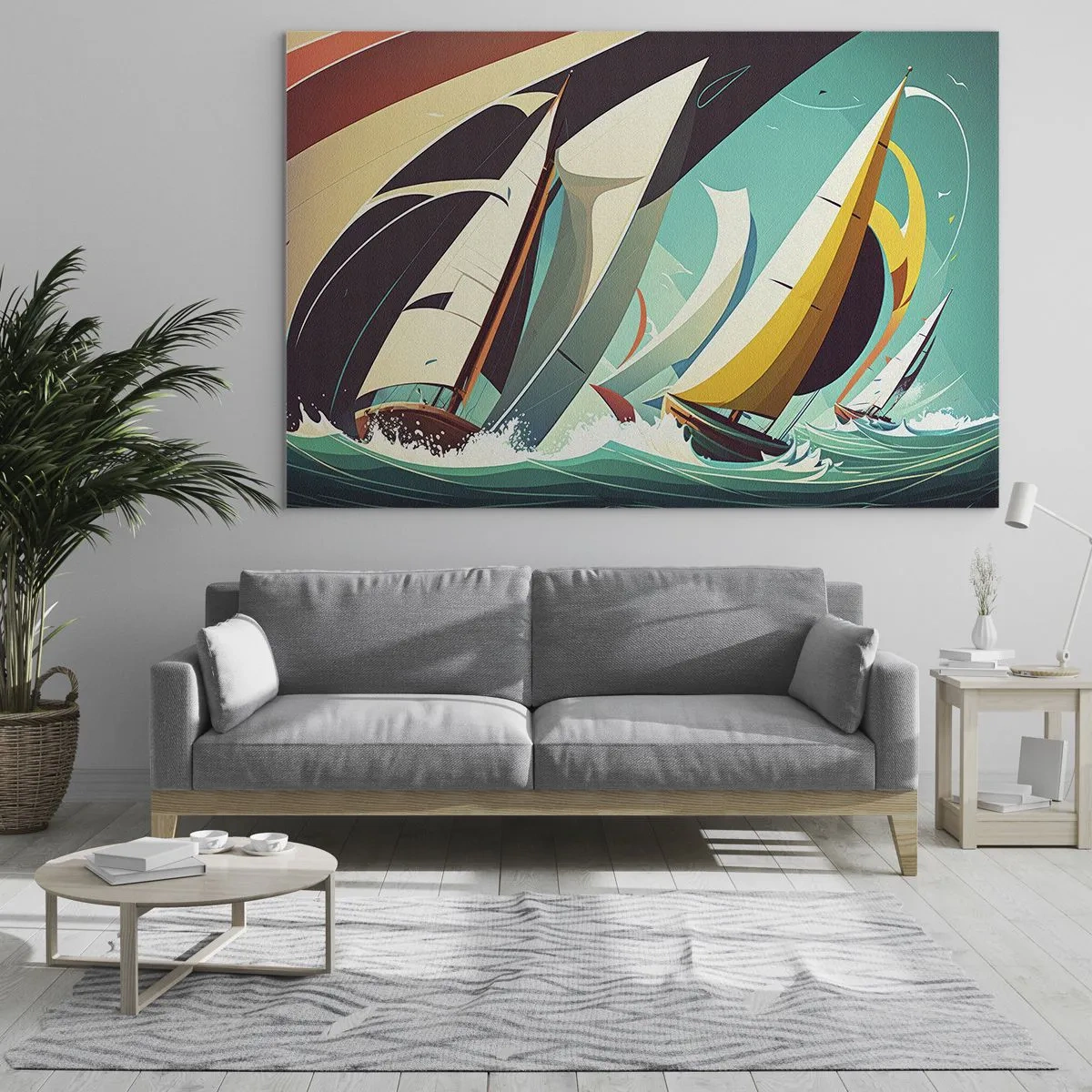 Glasbild - Bild auf glas - Retro-Stil-Illustration von Segelbooten in stürmischer See - 70x50cm - Viel Glück mit den Elementen - Moderne Wanddekoration für Wohnzimmer und Schlafzimmer ARTTOR