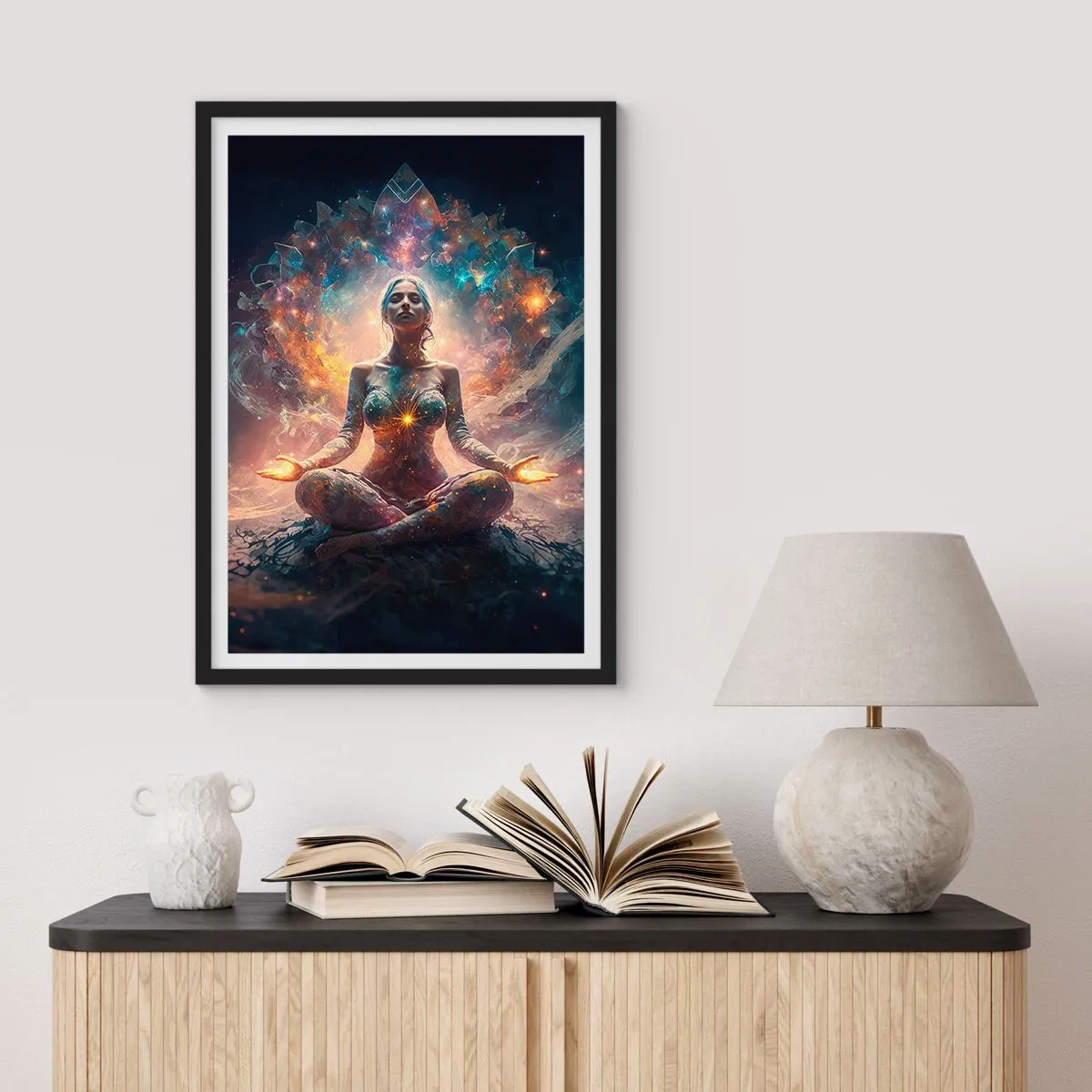 Poster in einem schwarzem Rahmen - Mystische Meditation umgeben von kosmischer Energie - 50x70cm - Fluss guter Energie - Moderne Wanddekoration für Wohnzimmer und Schlafzimmer ARTTOR