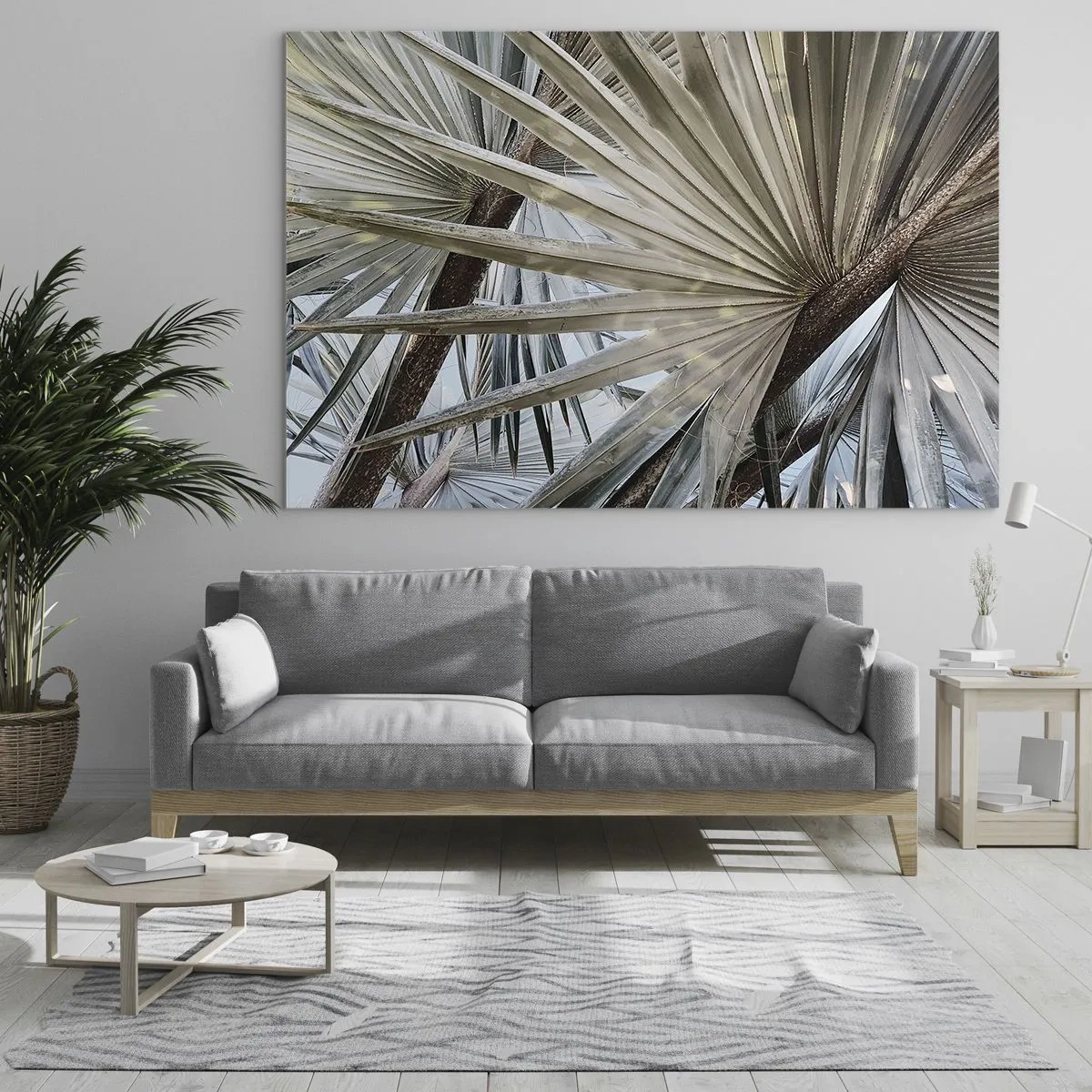 Glasbild - Bild auf glas - Palmblätter im hellen Tageslicht - 70x50cm - Fans in den Tropen - Moderne Wanddekoration für Wohnzimmer und Schlafzimmer ARTTOR