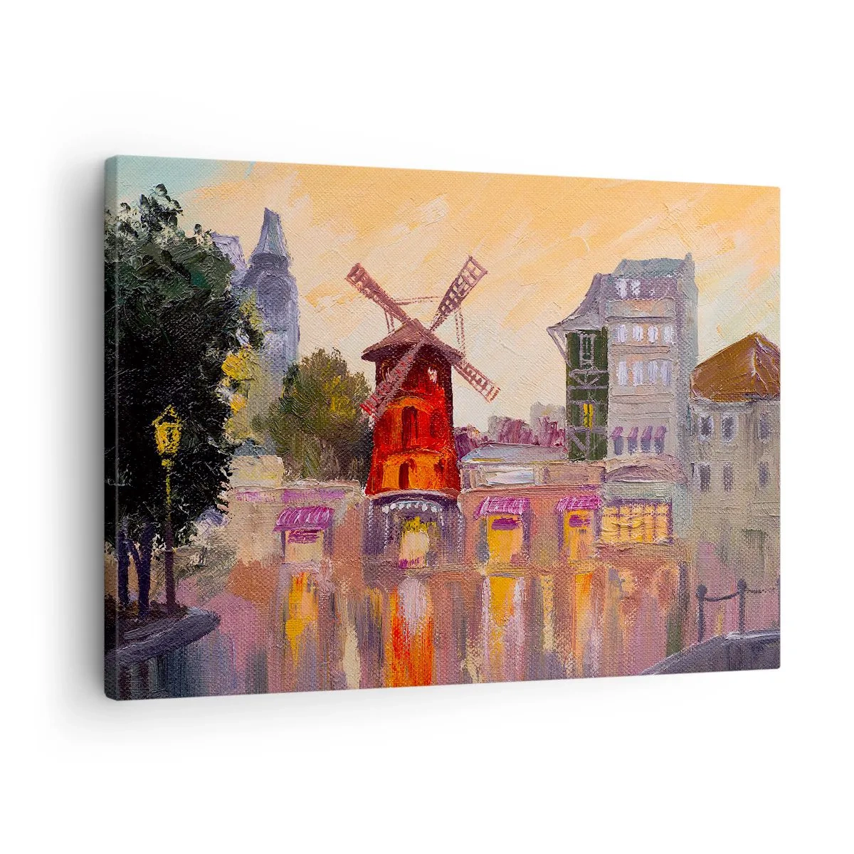Bild auf Leinwand - Leinwandbild - Die rote Windmühle des Moulin Rouge, umgeben von der Stadtlandschaft - 70x50cm - Pariser Ikonen – Moulin Rouge - Moderne Wanddekoration für Wohnzimmer und Schlafzimmer ARTTOR