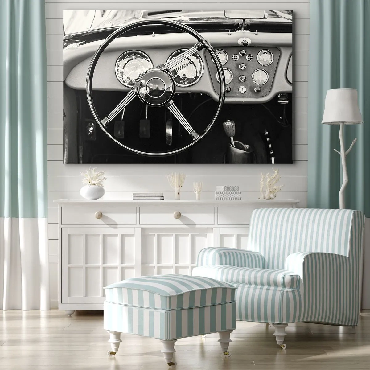Bild auf Leinwand - Leinwandbild - Schwarz-weißes Oldtimer-Interieur - 70x50cm - Ein Sammlertraum - Moderne Wanddekoration für Wohnzimmer und Schlafzimmer ARTTOR