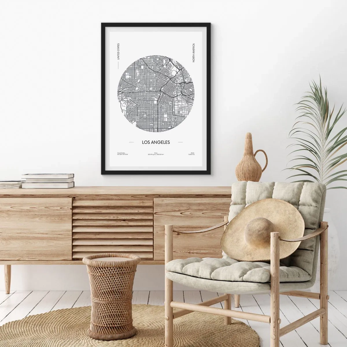 Poster in einem schwarzem Rahmen - Eine minimalistische Karte von Los Angeles in Schwarzweiß. - 50x70cm - Anatomie von Los Angeles - Moderne Wanddekoration für Wohnzimmer und Schlafzimmer ARTTOR