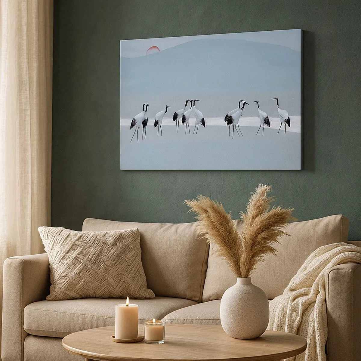 Bild auf Leinwand - Leinwandbild - Eine Gruppe von Kranichen vor blauem Himmel und der aufgehenden Sonne - 70x50cm - Nach einem heißen Tag - Moderne Wanddekoration für Wohnzimmer und Schlafzimmer ARTTOR