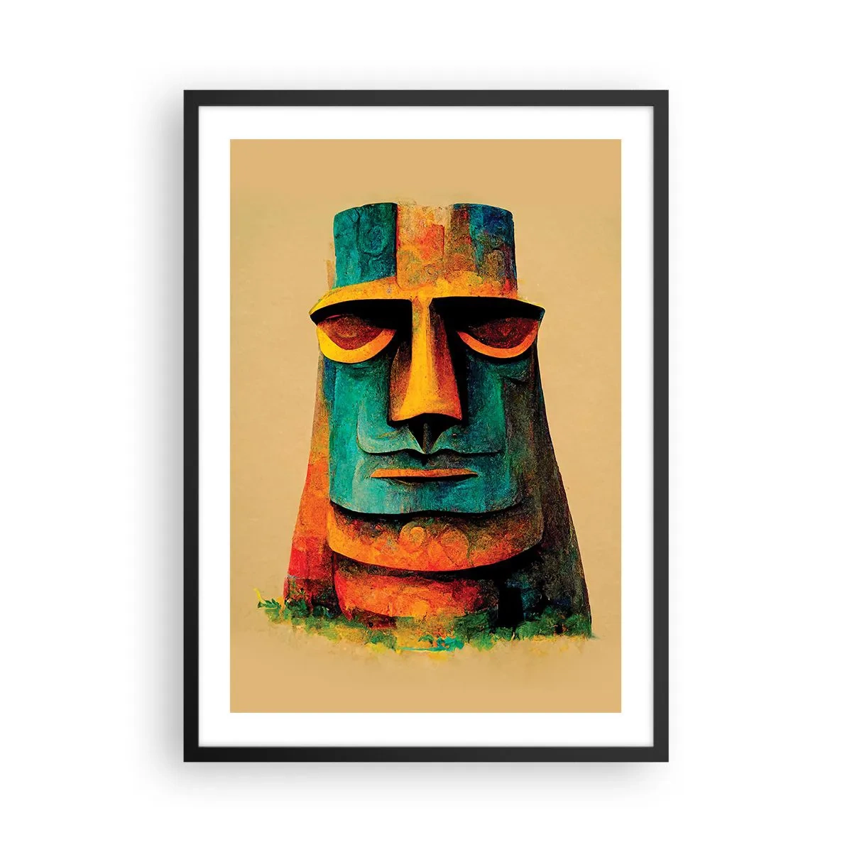 Poster in einem schwarzem Rahmen - Eine farbenfrohe Interpretation einer Moai-Statue vor beigem Hintergrund - 50x70cm - Statuenhaft und sympathisch - Moderne Wanddekoration für Wohnzimmer und Schlafzimmer ARTTOR
