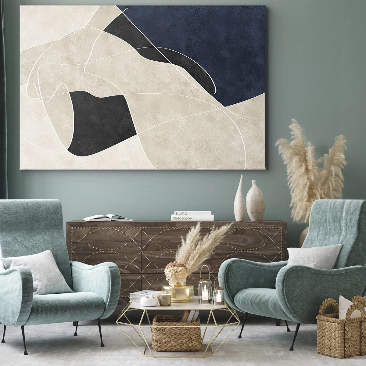 Bild auf Leinwand - Leinwandbild - Geometrische Abstraktion in Beige- und Marineblautönen - 70x50cm - Abstrakte Komposition – Farbkontrast - Moderne Wanddekoration für Wohnzimmer und Schlafzimmer ARTTOR