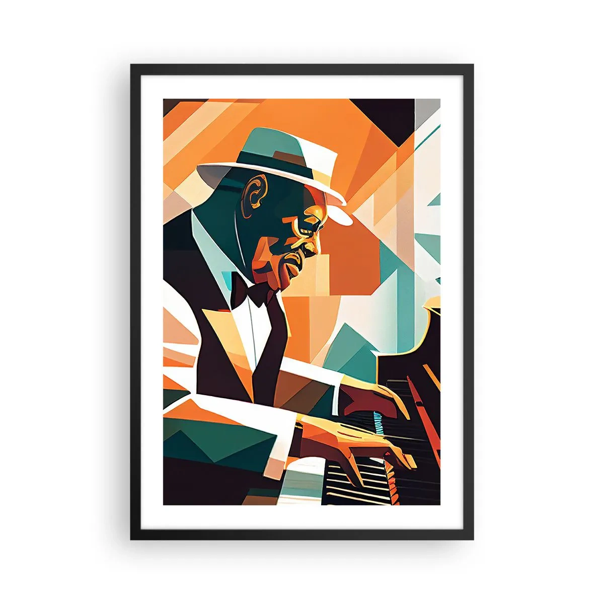 Poster in einem schwarzem Rahmen - Abstraktes Porträt eines Pianisten im kubistischen Stil - 50x70cm - Alles vom Jazz - Moderne Wanddekoration für Wohnzimmer und Schlafzimmer ARTTOR