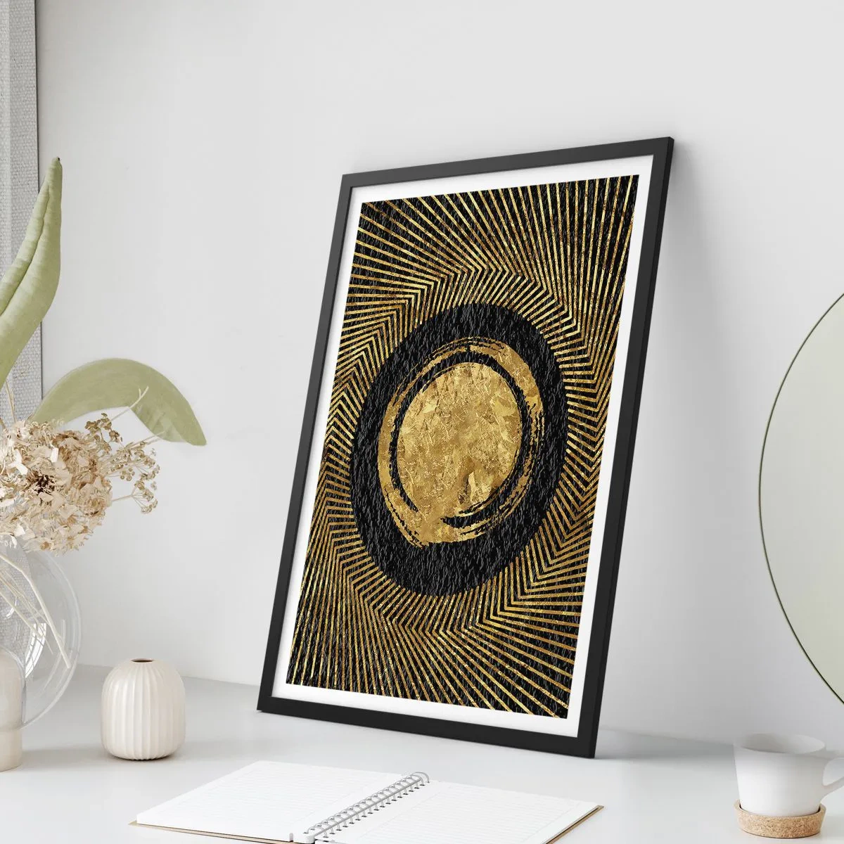 Poster in einem schwarzem Rahmen - Goldene geometrische Abstraktion auf schwarzem Hintergrund - 50x70cm - Glamour-Komposition - Moderne Wanddekoration für Wohnzimmer und Schlafzimmer ARTTOR