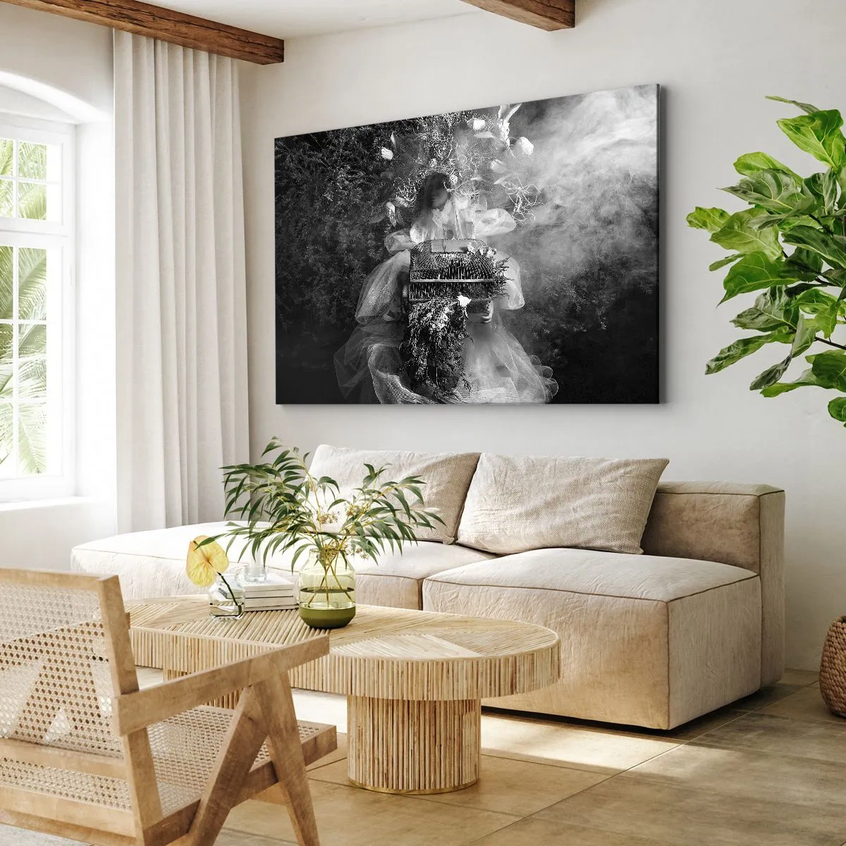Bild auf Leinwand - Leinwandbild - Eine Schwarz-Weiß-Komposition mit einer Figur in einem Kleid und einem Käfig im Nebel. - 70x50cm - Mutter selbst - Natur - Moderne Wanddekoration für Wohnzimmer und Schlafzimmer ARTTOR