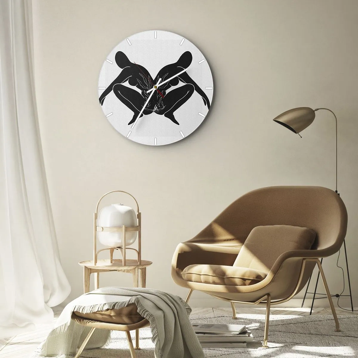 Wanduhr - Glasuhr - Symmetrische Figuren in Schwarz bilden auf hellem Hintergrund ein Herz mit Feuer in der Mitte. - 30x30cm - Gemeinsame Seele - Moderne Wanddekoration für Wohnzimmer, Küche und Schlafzimmer ARTTOR