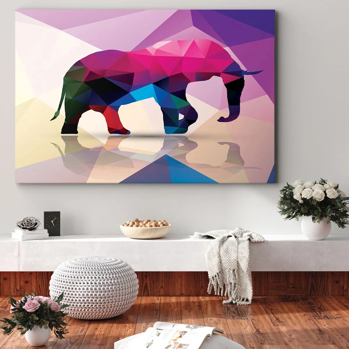 Bild auf Leinwand - Leinwandbild - Geometrische Silhouette eines Elefanten in lebendigen Farben - 70x50cm - Kristalldinosaurier - Moderne Wanddekoration für Wohnzimmer und Schlafzimmer ARTTOR