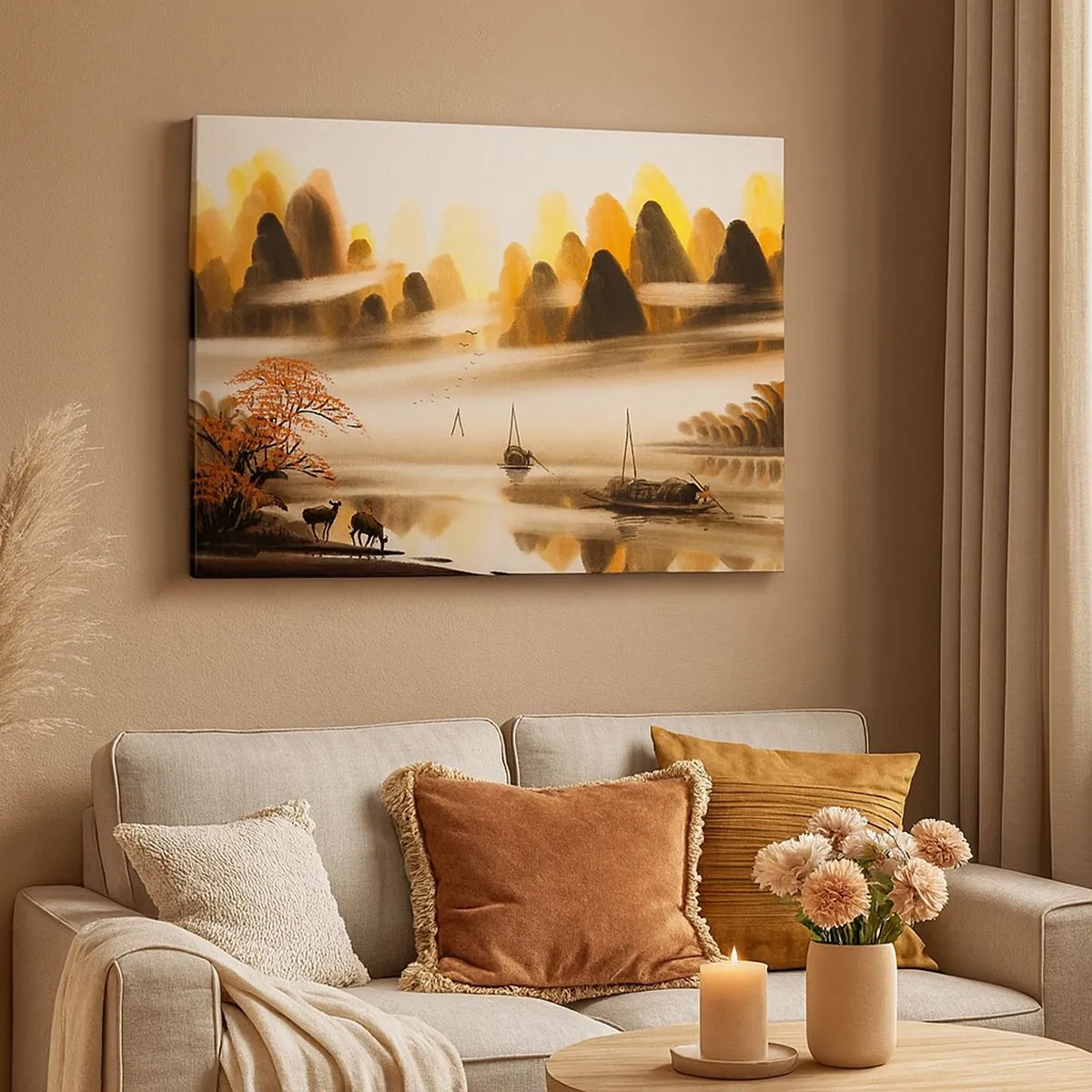 Bild auf Leinwand - Leinwandbild - Eine orientalische Landschaft mit Fluss, Bergen und sanftem Nebel. - 70x50cm - Weiter als im Fernosten - Moderne Wanddekoration für Wohnzimmer und Schlafzimmer ARTTOR