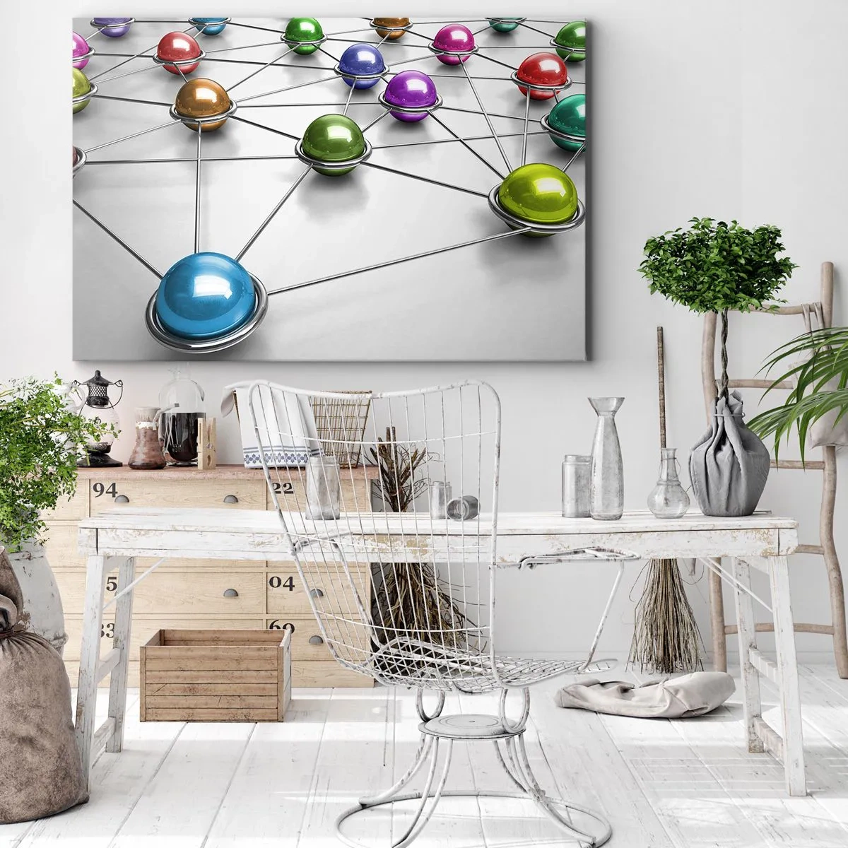Bild auf Leinwand - Leinwandbild - Bunte Kugeln, die durch dünne Linien auf weißem Hintergrund verbunden sind - 70x50cm - Kosmisches Spinnennetz - Moderne Wanddekoration für Wohnzimmer und Schlafzimmer ARTTOR