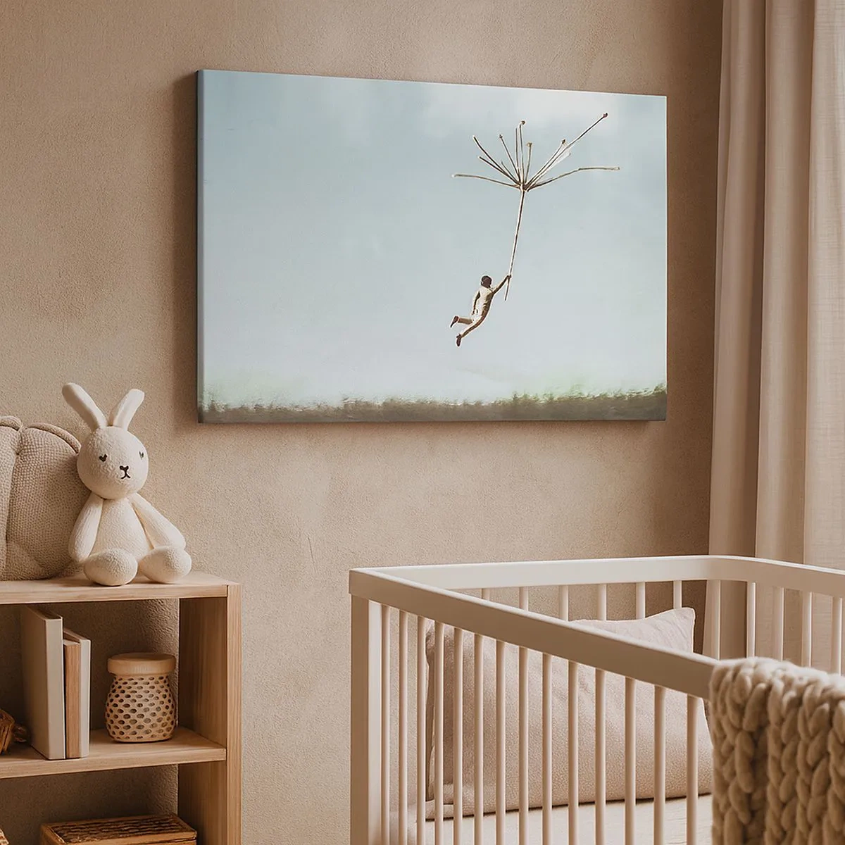 Bild auf Leinwand - Leinwandbild - Eine Figur, die von einem großen Löwenzahnsamen hochgehoben wird - 70x50cm - Drachen, Löwenzahn, Wind - Moderne Wanddekoration für Wohnzimmer und Schlafzimmer ARTTOR