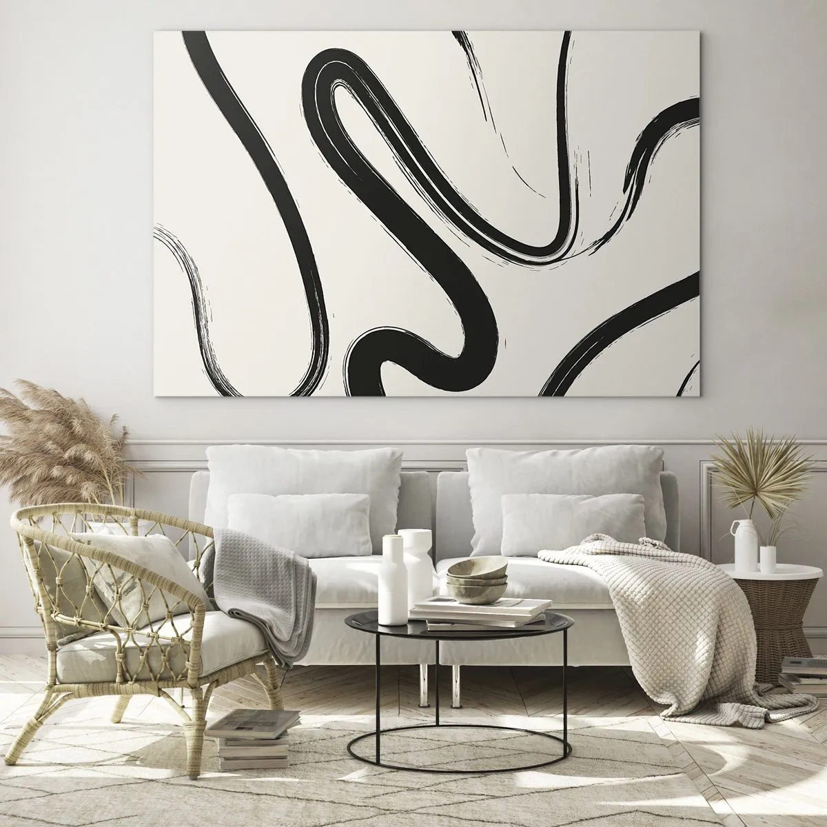 Glasbild - Bild auf glas - Dynamische schwarze Linien auf hellem Hintergrund im abstrakten Stil. - 70x50cm - Schwarz-Weiß-Laune - Moderne Wanddekoration für Wohnzimmer und Schlafzimmer ARTTOR