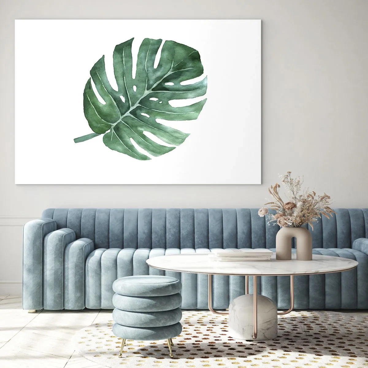 Glasbild - Bild auf glas - Grünes Monstera-Blatt auf weißem Hintergrund - 70x50cm - Grünes Konzept - Moderne Wanddekoration für Wohnzimmer und Schlafzimmer ARTTOR