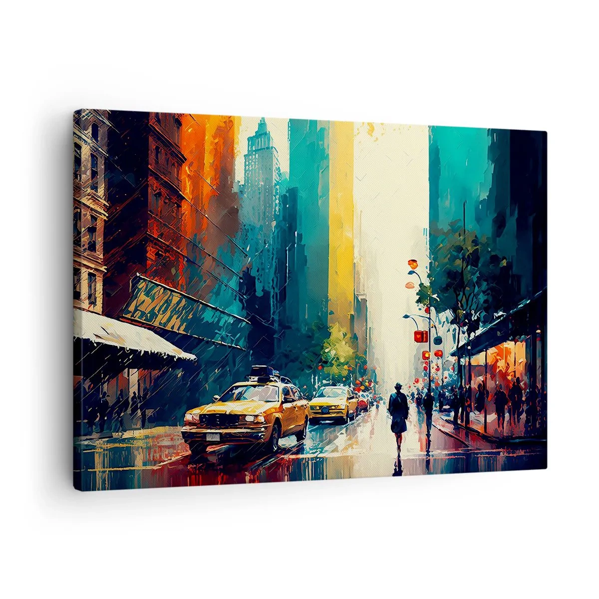Bild auf Leinwand - Leinwandbild - Eine geschäftige Stadt mit Taxis und Passanten - 70x50cm - New York – selbst der Regen ist hier bunt - Moderne Wanddekoration für Wohnzimmer und Schlafzimmer ARTTOR