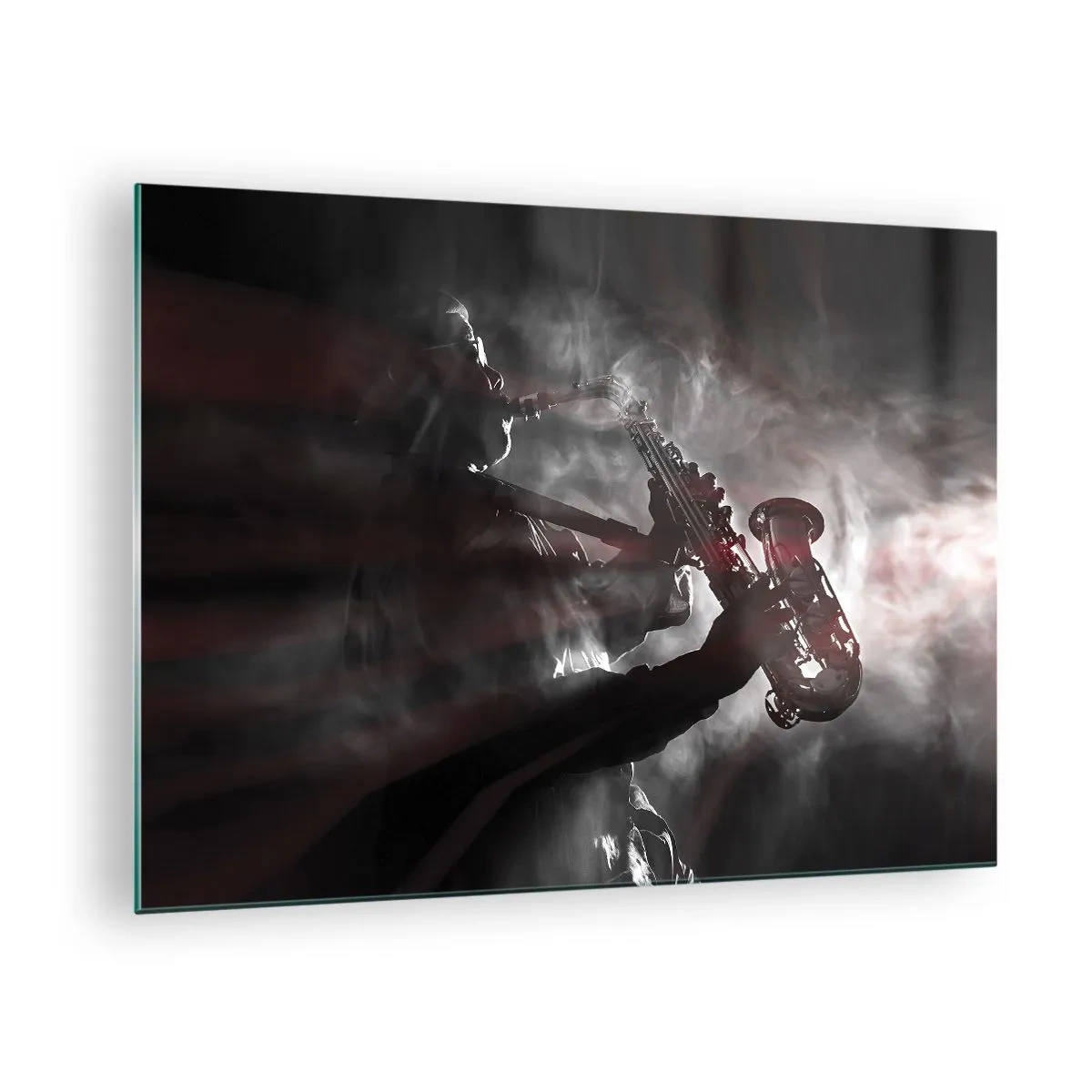 Glasbild - Bild auf glas - Saxophonist in einer Rauchwolke in Schwarz und Weiß - 70x50cm - In den Dämpfen des Jazz - Moderne Wanddekoration für Wohnzimmer und Schlafzimmer ARTTOR