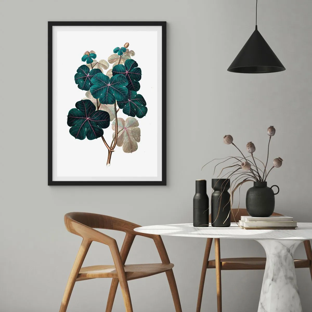 Poster in einem schwarzem Rahmen - Botanische Illustration mit dunkelgrünen Blättern auf hellem Hintergrund - 50x70cm - Aus dem alten Herbarium - Moderne Wanddekoration für Wohnzimmer und Schlafzimmer ARTTOR