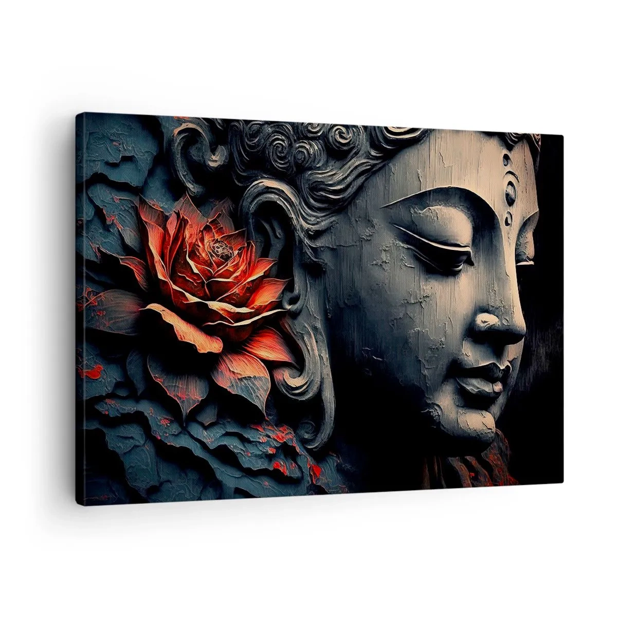 Bild auf Leinwand - Leinwandbild - Buddha-Skulptur mit einer roten Lotusblüte - 70x50cm - Im Einklang mit der Welt - Moderne Wanddekoration für Wohnzimmer und Schlafzimmer ARTTOR