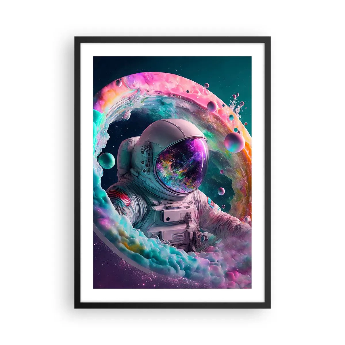 Poster in einem schwarzem Rahmen - Astronaut in einer Weltraumumgebung voller bunter Nebel - 50x70cm - Sternentor - Moderne Wanddekoration für Wohnzimmer und Schlafzimmer ARTTOR
