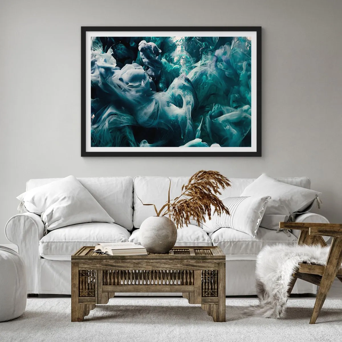 Poster in einem schwarzem Rahmen - Dynamische abstrakte Wellen in Blau- und Weißtönen - 70x50cm - Farbbewegung - Moderne Wanddekoration für Wohnzimmer und Schlafzimmer ARTTOR
