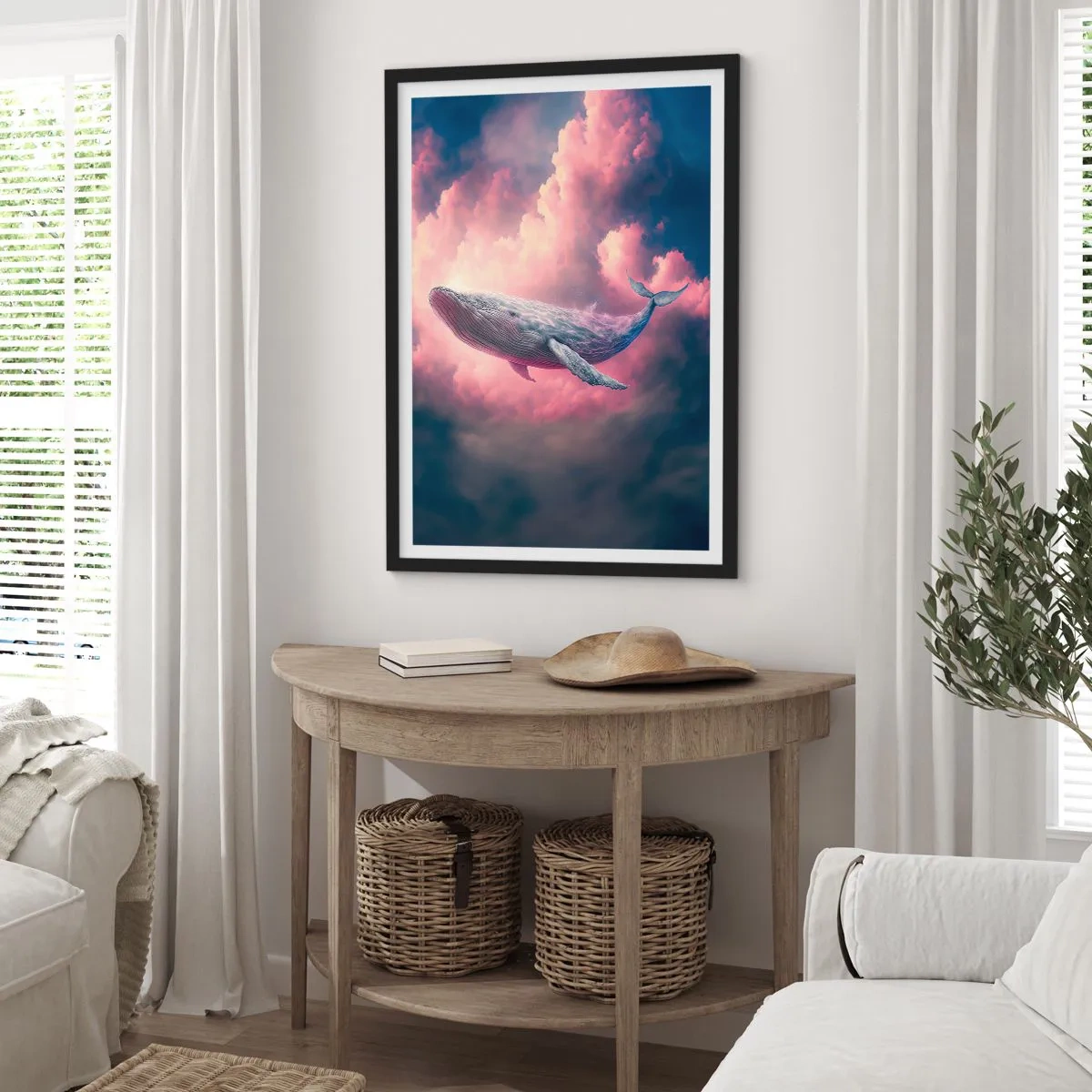 Poster in einem schwarzem Rahmen - Ein Wal fliegt bei Sonnenuntergang zwischen rosa Wolken. - 50x70cm - Reibe deine Augen - Moderne Wanddekoration für Wohnzimmer und Schlafzimmer ARTTOR
