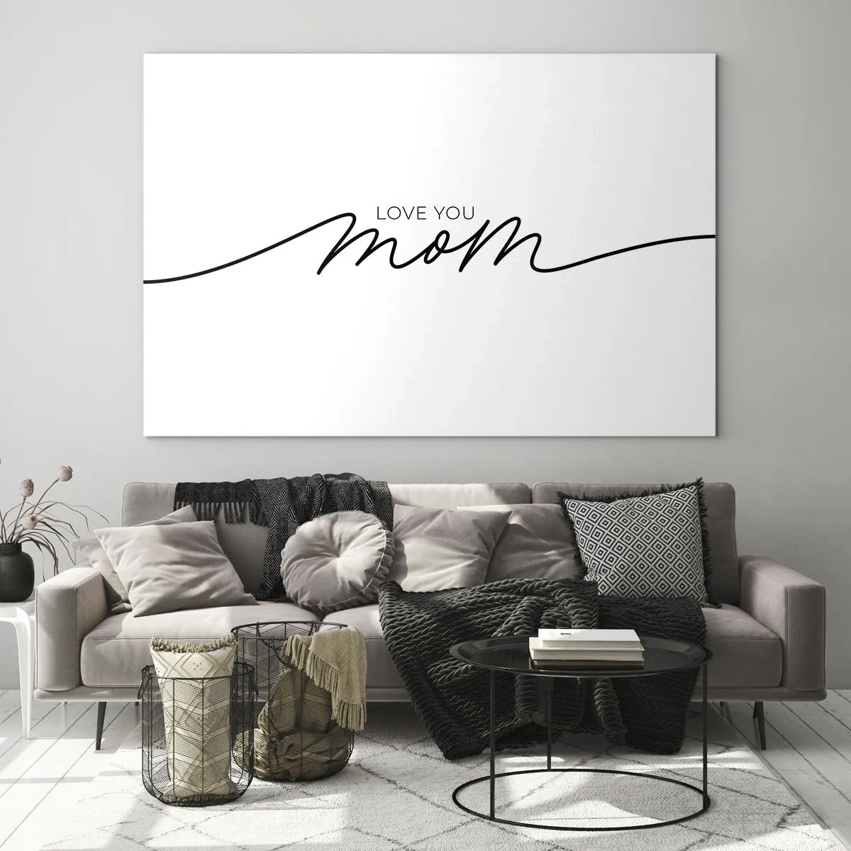 Glasbild - Bild auf glas - Minimalistische Love You Mom-Inschrift in Schwarz auf weißem Hintergrund - 70x50cm - Große Emotionen - Moderne Wanddekoration für Wohnzimmer und Schlafzimmer ARTTOR