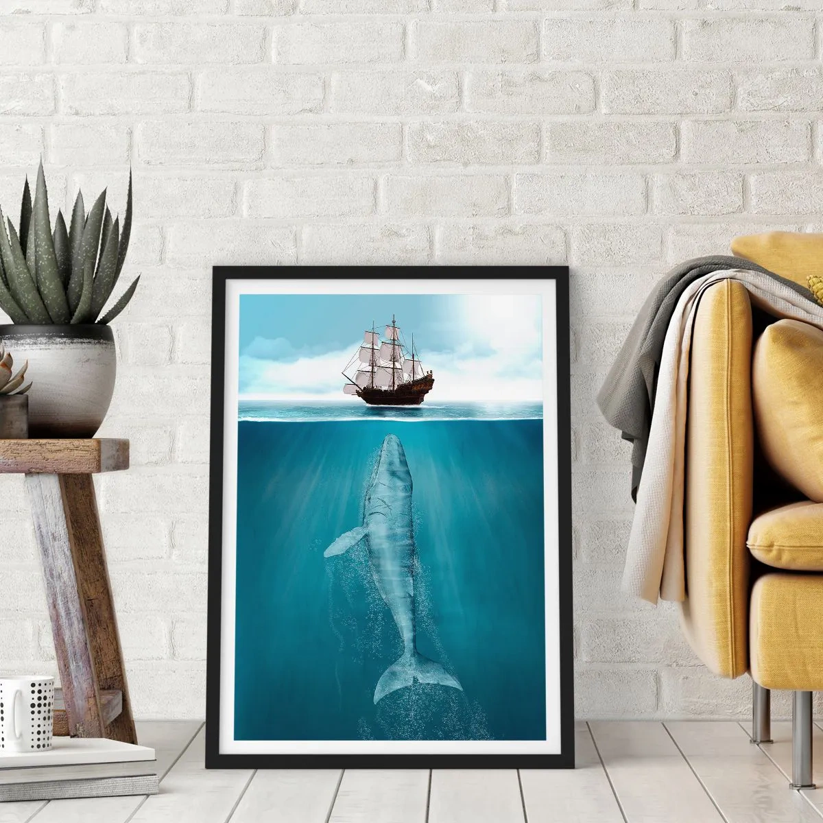 Poster in einem schwarzem Rahmen - Ein Schiff auf der Wasseroberfläche mit einem Wal darunter, in einer surrealistischen Aufnahme - 50x70cm - Es ist besser, es nicht zu wissen - Moderne Wanddekoration für Wohnzimmer und Schlafzimmer ARTTOR