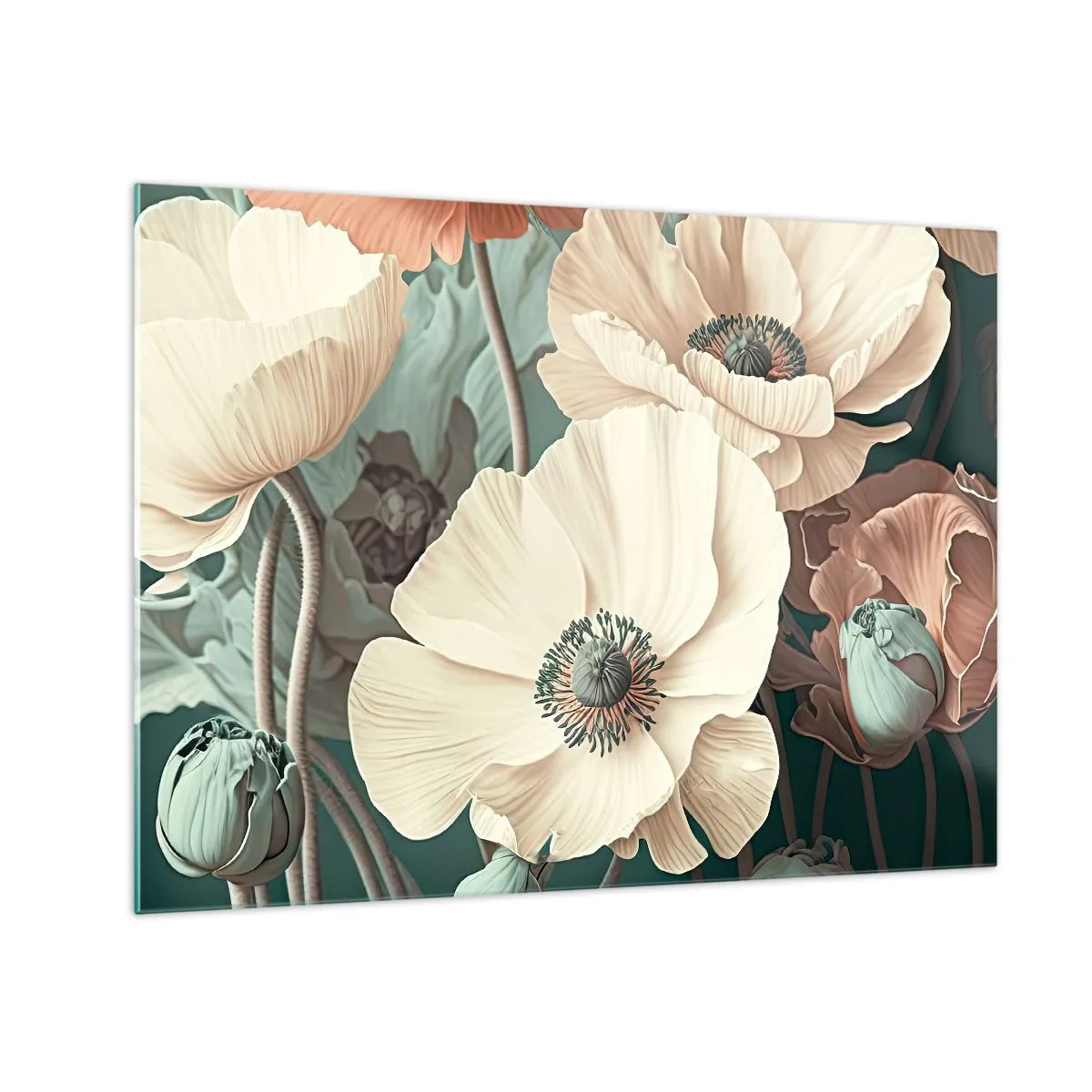 Glasbild - Bild auf glas - Zarte Creme und Lachs Mohn auf dunklem Hintergrund - 70x50cm - Flüstern von Mohnblumen - Moderne Wanddekoration für Wohnzimmer und Schlafzimmer ARTTOR