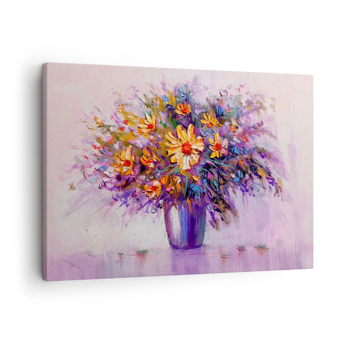 Bild auf Leinwand - Leinwandbild - Ein Blumenstrauß in einer Vase auf pastellfarbenem Hintergrund - 70x50cm - Es riecht süß, sieht süß aus - Moderne Wanddekoration für Wohnzimmer und Schlafzimmer ARTTOR
