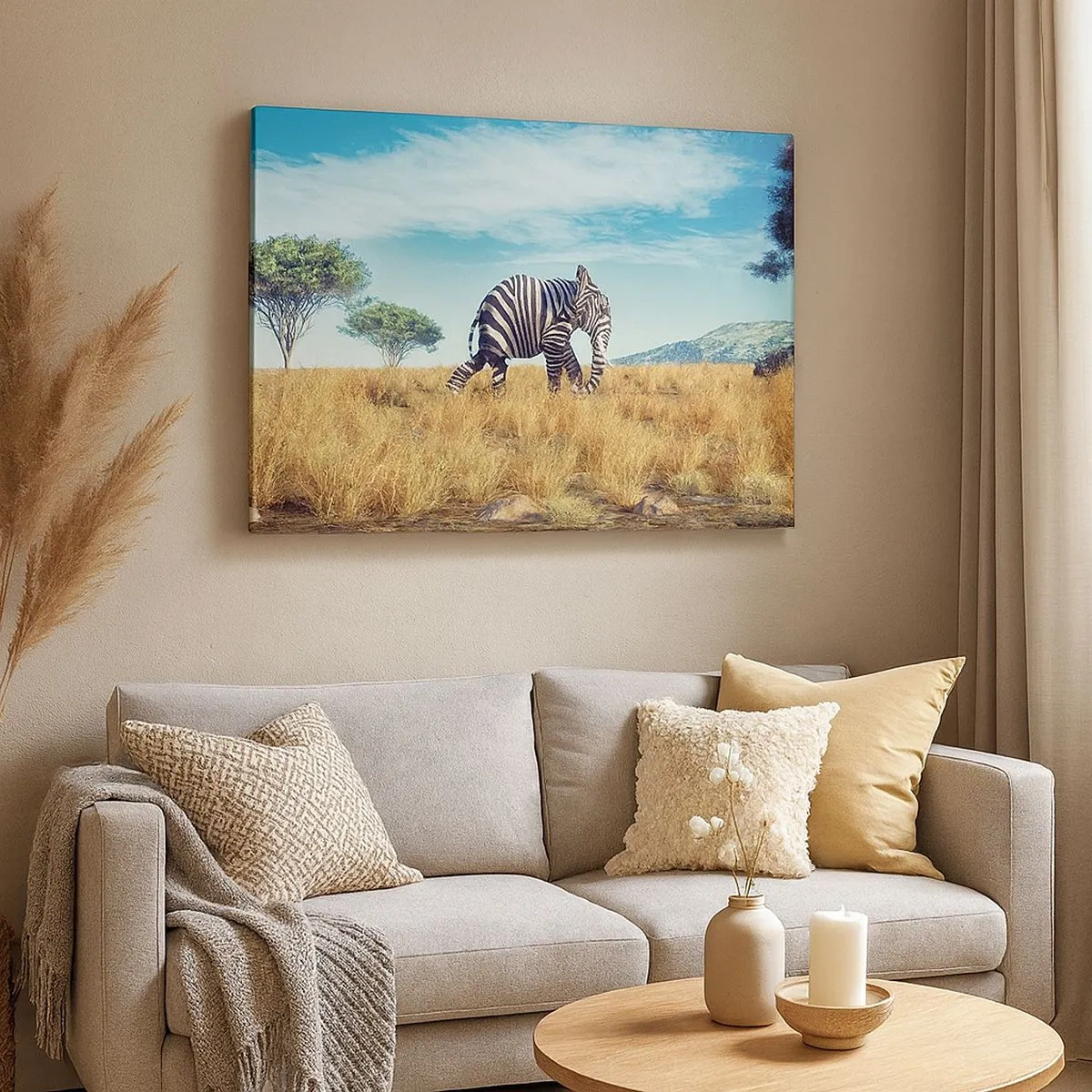 Bild auf Leinwand - Leinwandbild - Zebra in einer afrikanischen Landschaft - 70x50cm - Grau ist nicht mehr in Mode - Moderne Wanddekoration für Wohnzimmer und Schlafzimmer ARTTOR
